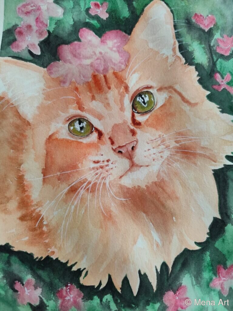 Rotgetigerte Katze mit rosa Blumen